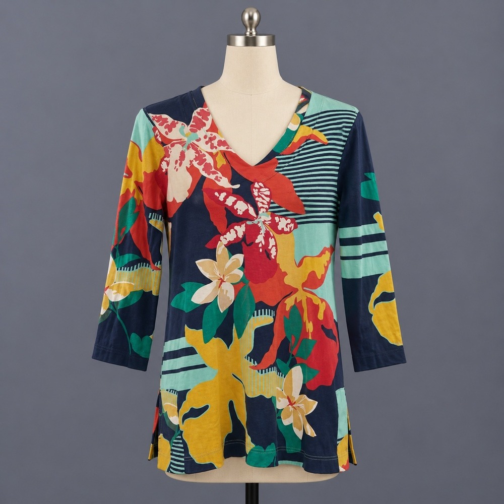 Chico's Tunic Top Women's Size 1 M Pima Cotton Floral V Neck 3/4 Sleeve Colorful